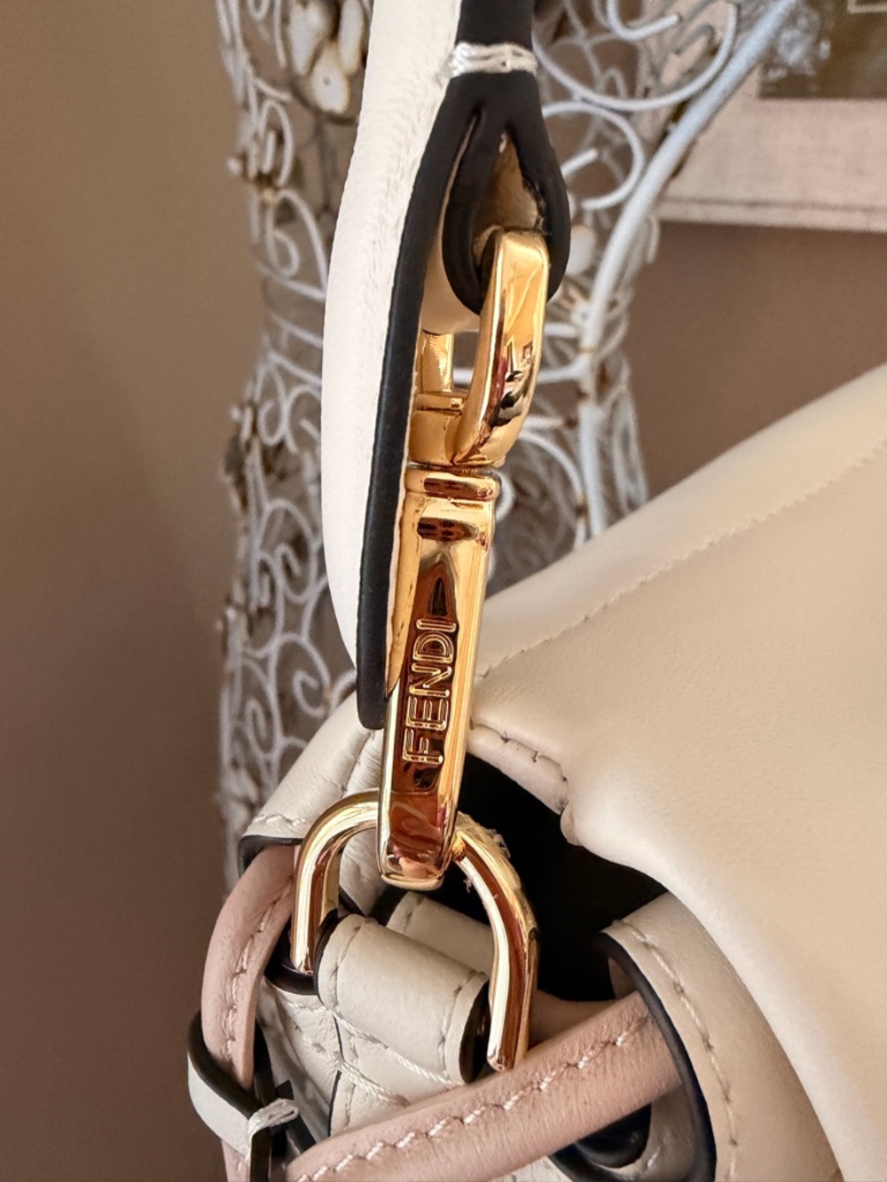 Cream Genuine Leather Medium Mamma Baguette with Gold Hardware - Picture 10 of 12
